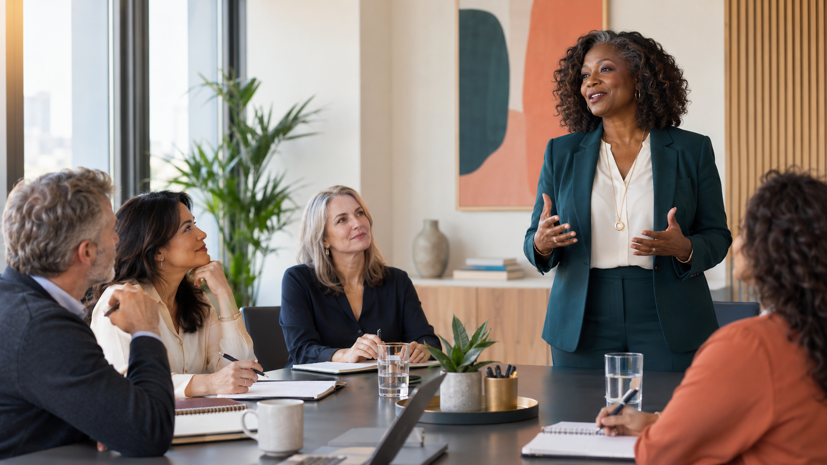 Experienced women leading a workplace presentation and meeting